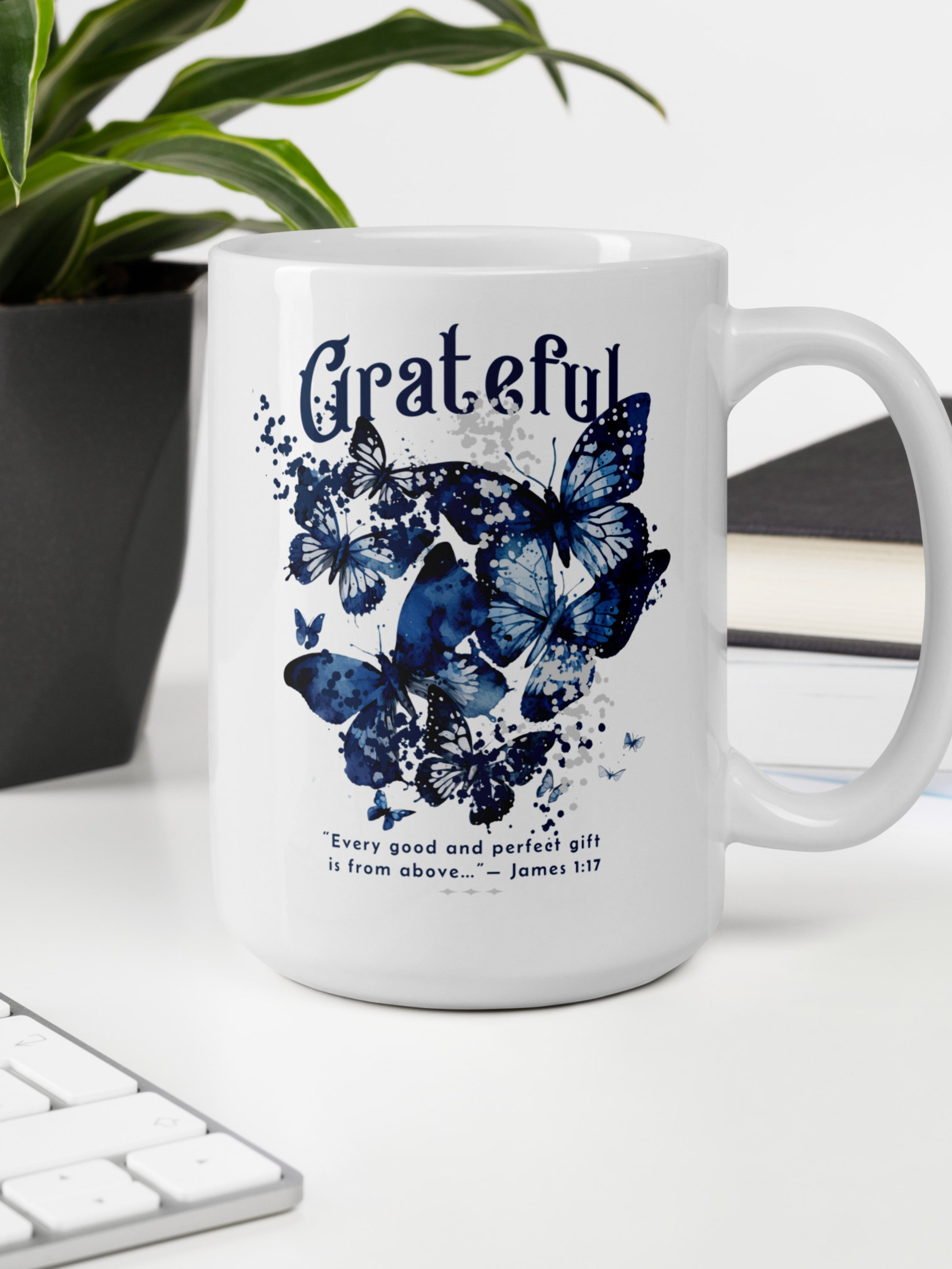 Grateful Blue Butterfly — James 1:17 Mug