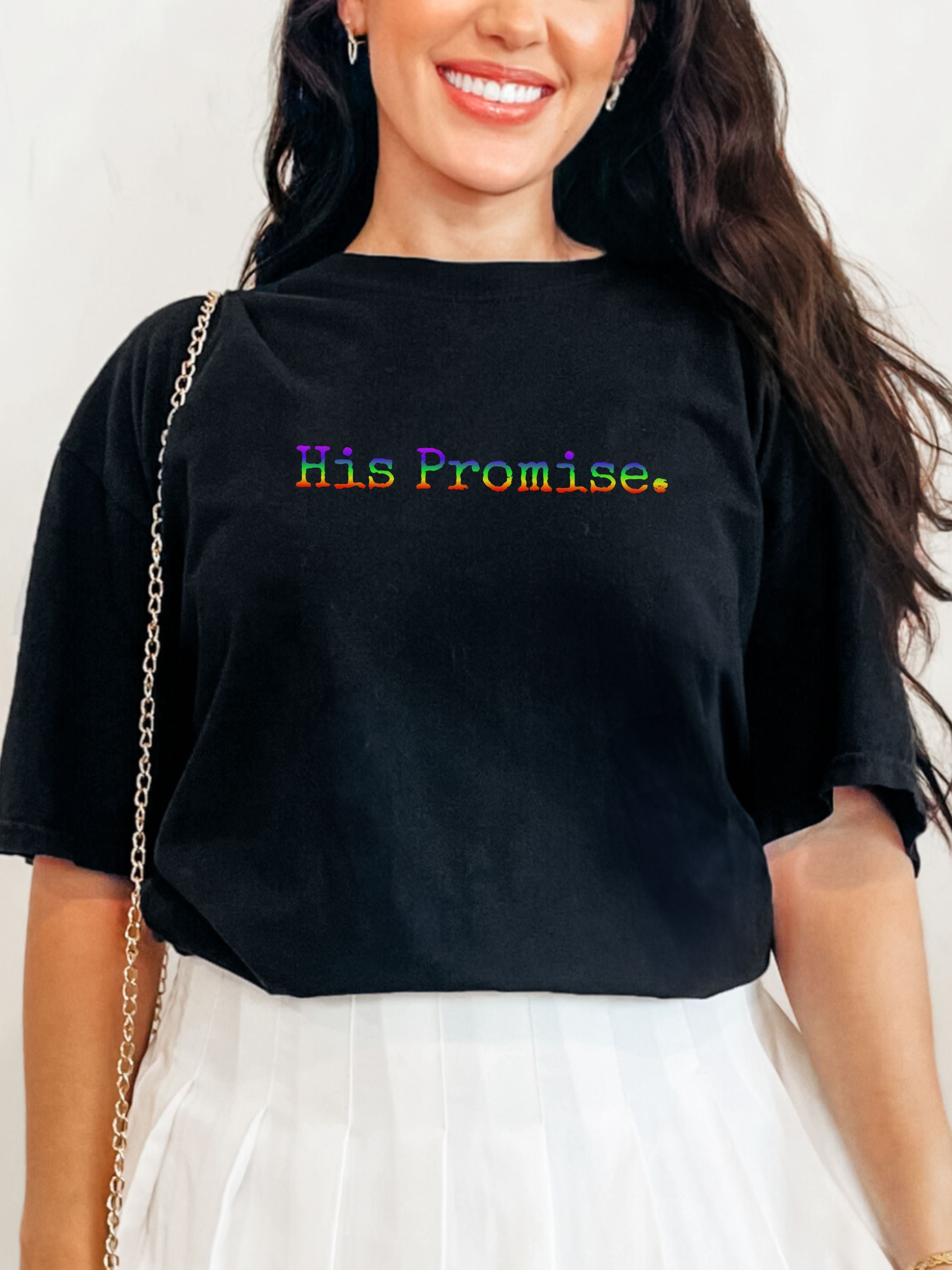 Woman wearing a black t-shirt with 'His Promise' text in rainbow letters.