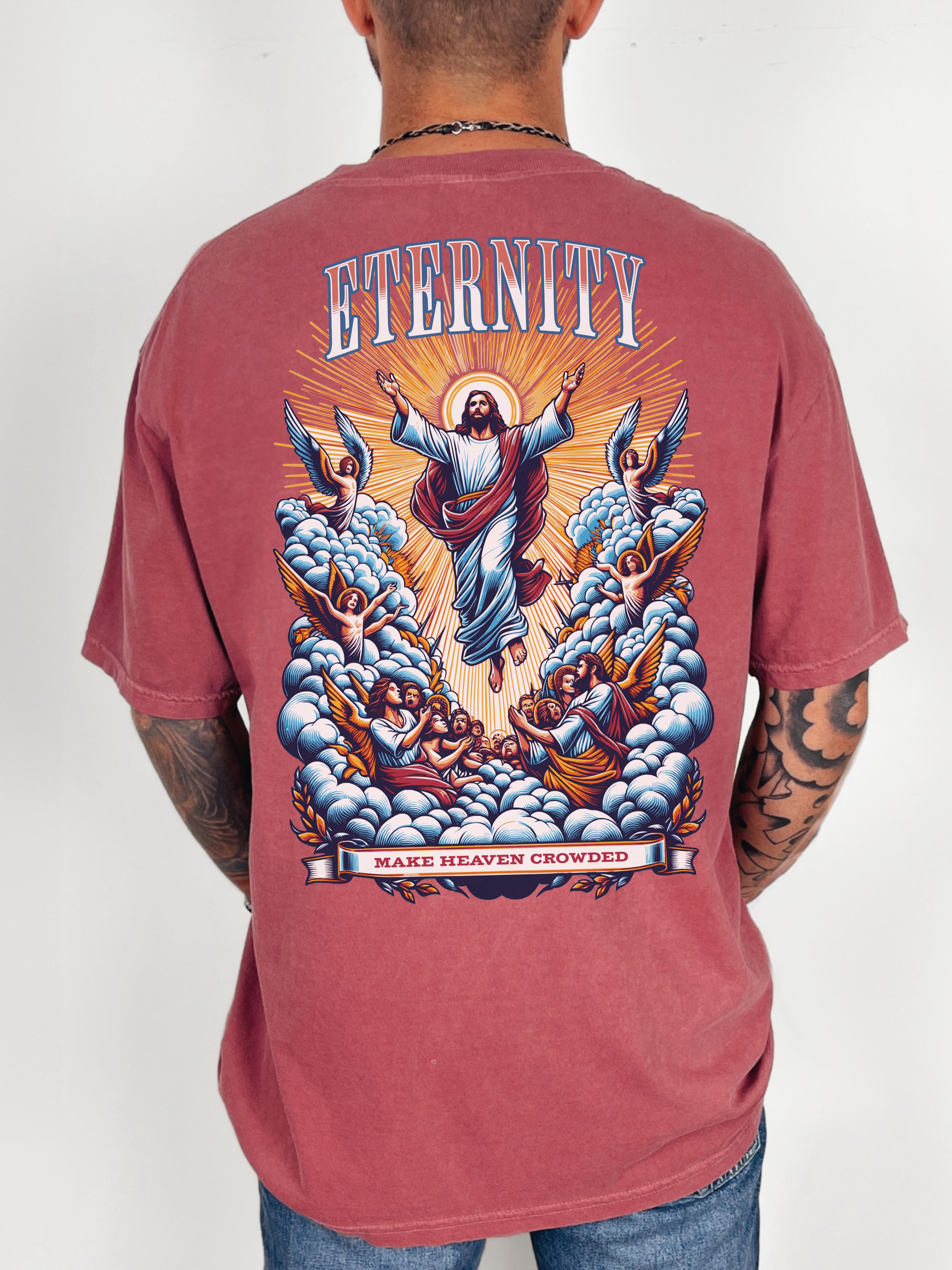 Man wearing a red graphic t-shirt with a with 'Make Heaven Crowded' and 'Eternity' on the back.