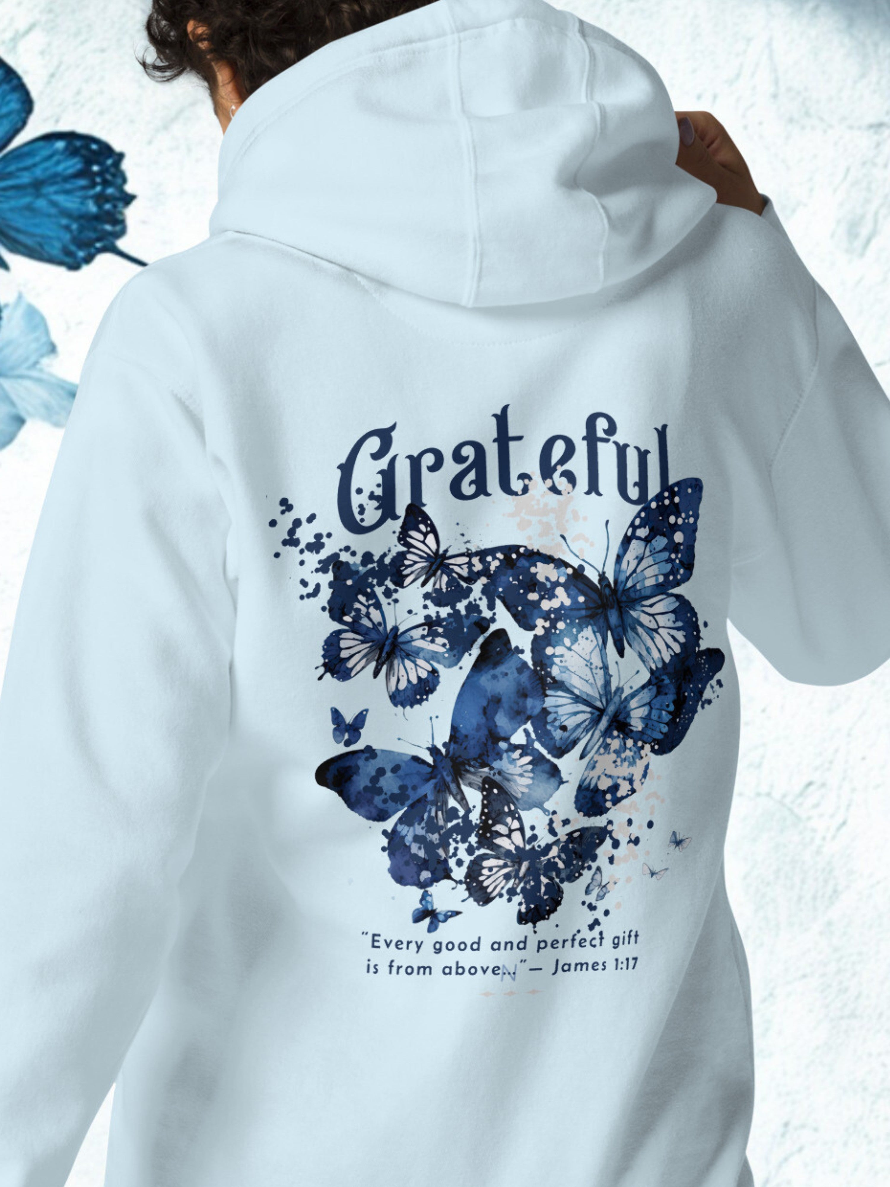 Grateful Blue Butterfly – James 1:17 Hoodie