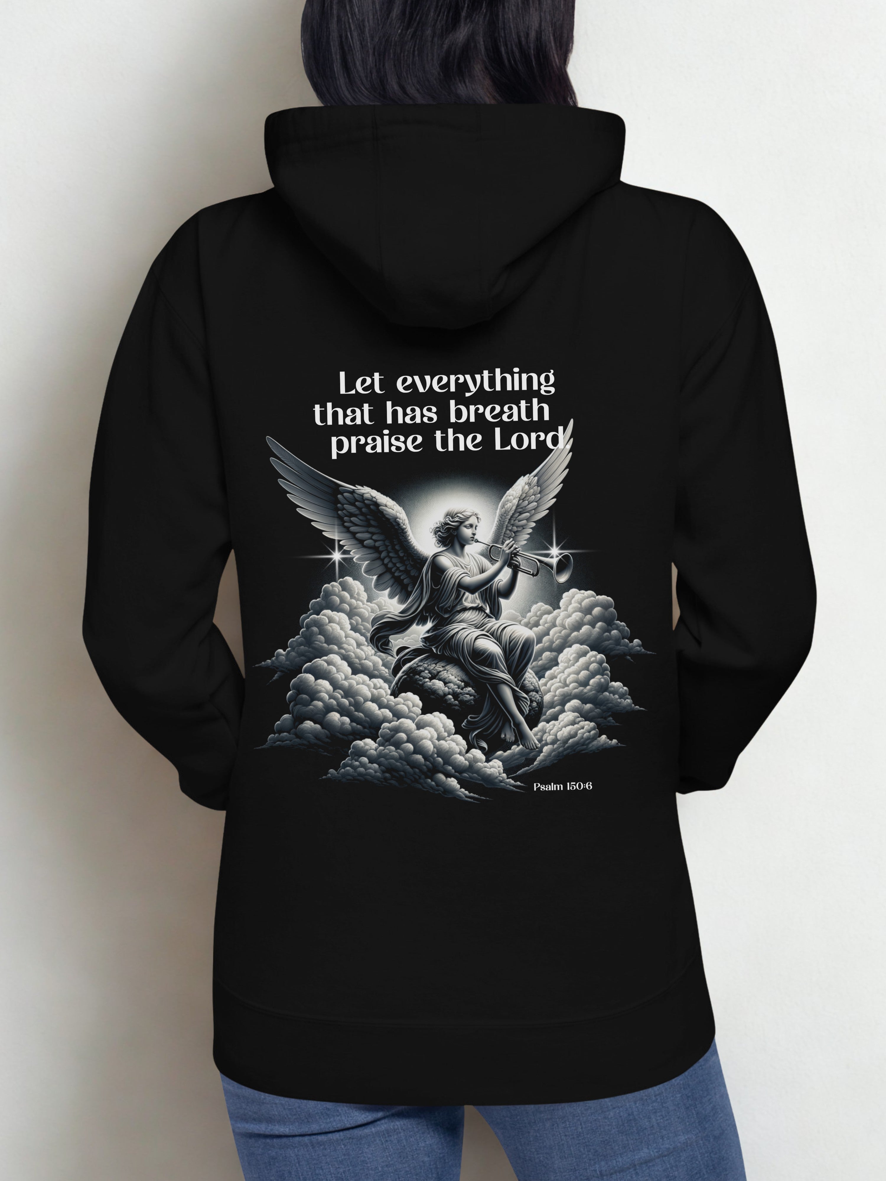 Black hoodie with angel design and text on the back, worn by a person.